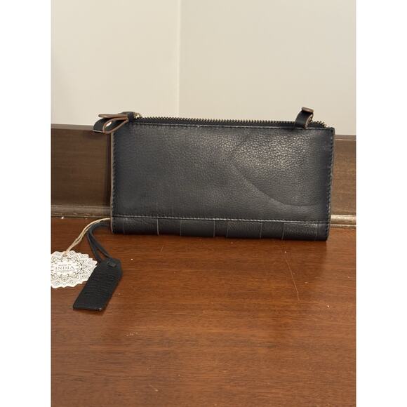 Leather wallet Made in India Soft Double Zippers Woven Double Snap NWT - Picture 3 of 9